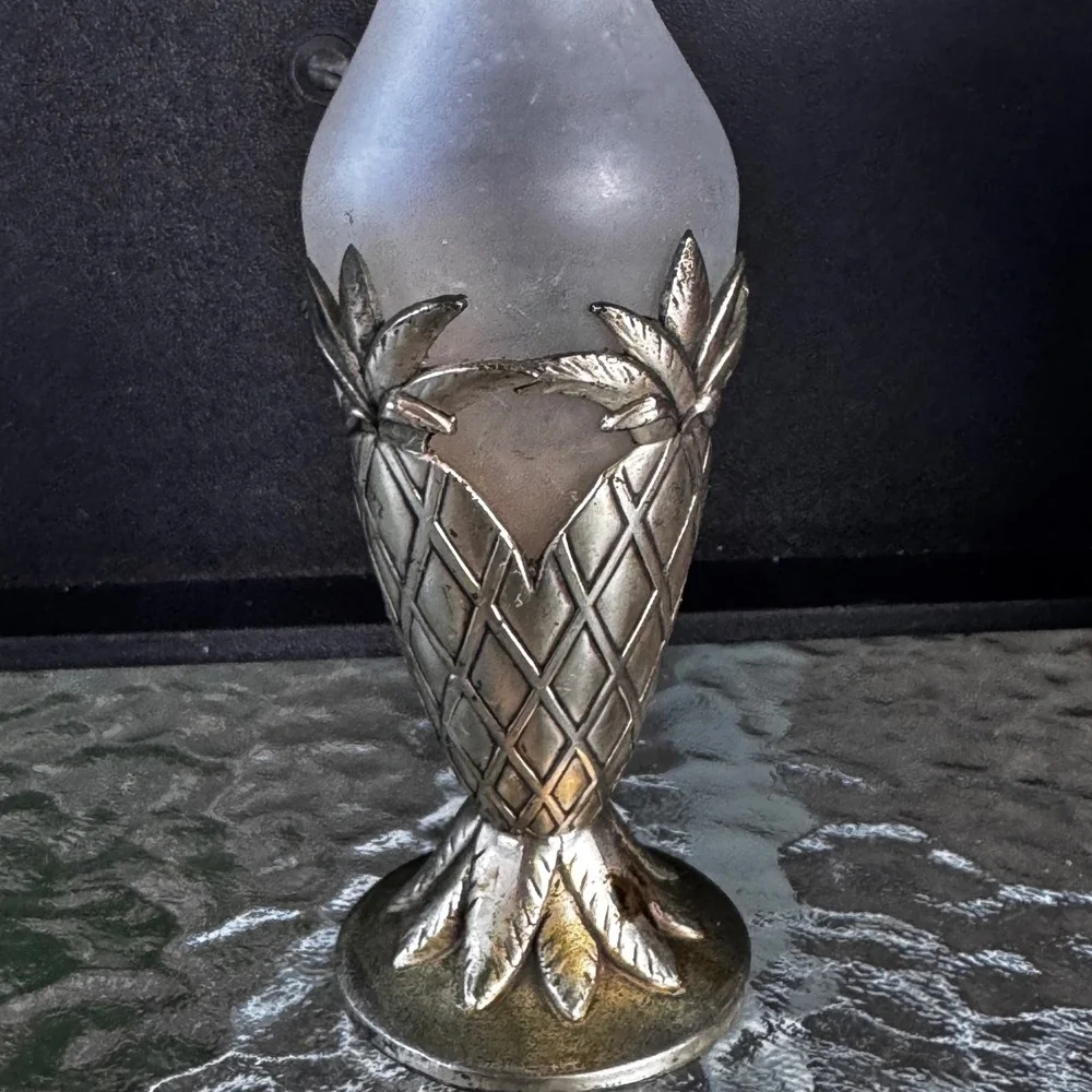 Vintage Silverplate Pineapple Bud‎ Vase Frosted Glass Made in Japan